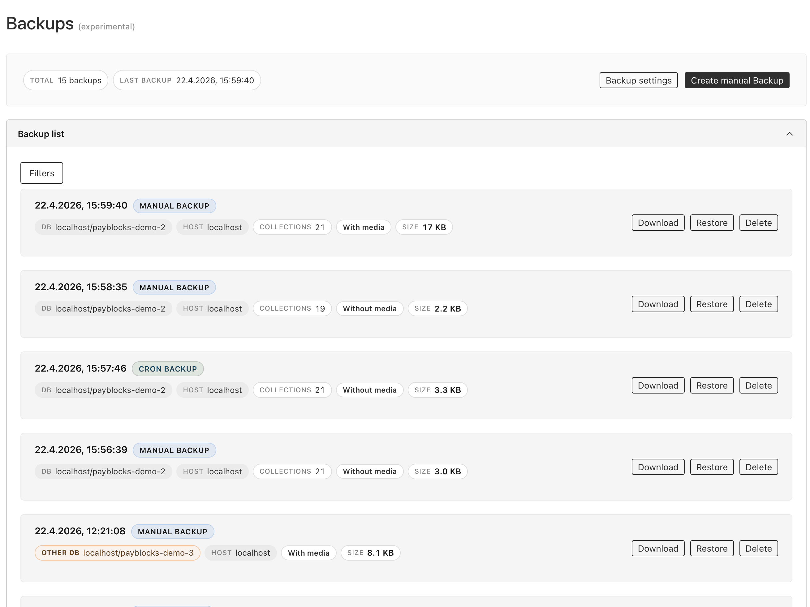 Backup Plugin Dashboard list